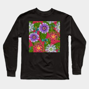 Pretty Poisons: Passionflowers and Poison Dart Frogs on Viva Magenta Long Sleeve T-Shirt